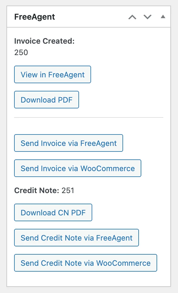 FreeAgent panel on a WooCommerce order with the invoice number, View in FreeAgent, Download PDF, send buttons and a credit note