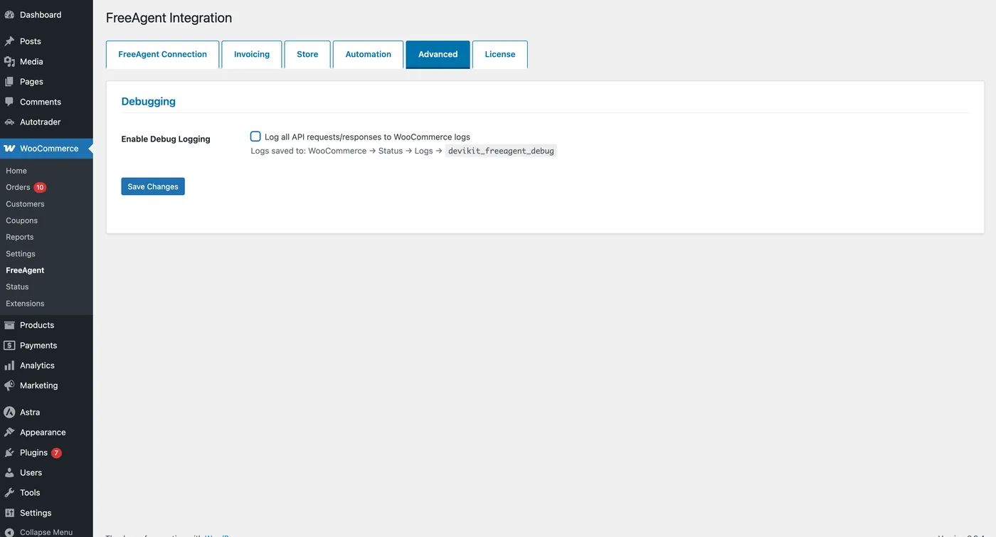 Advanced tab: the Enable Debug Logging option that writes API requests and responses to WooCommerce logs