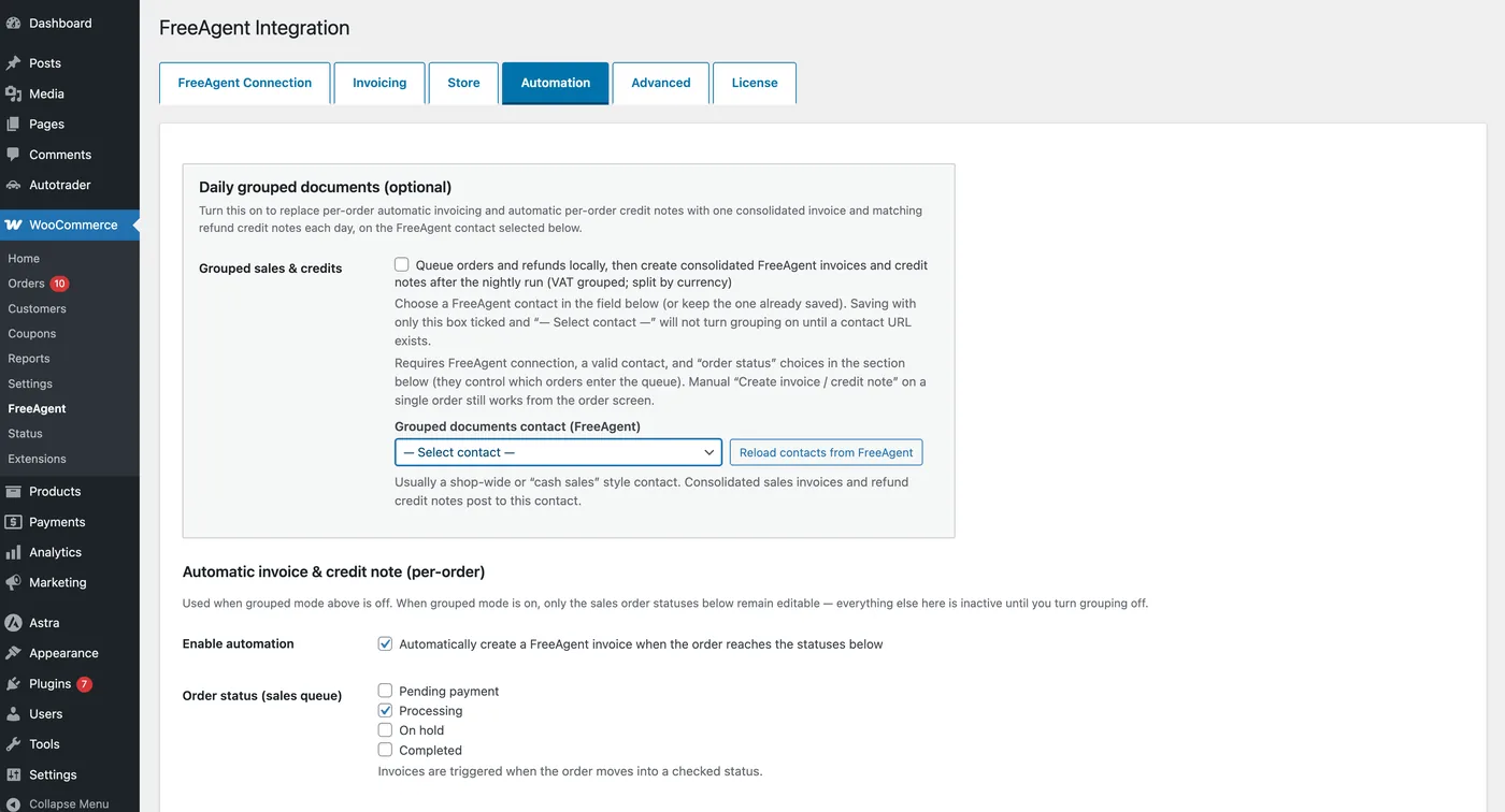 Automation tab: daily grouped documents with a FreeAgent contact selector, and the per-order automatic invoice settings
