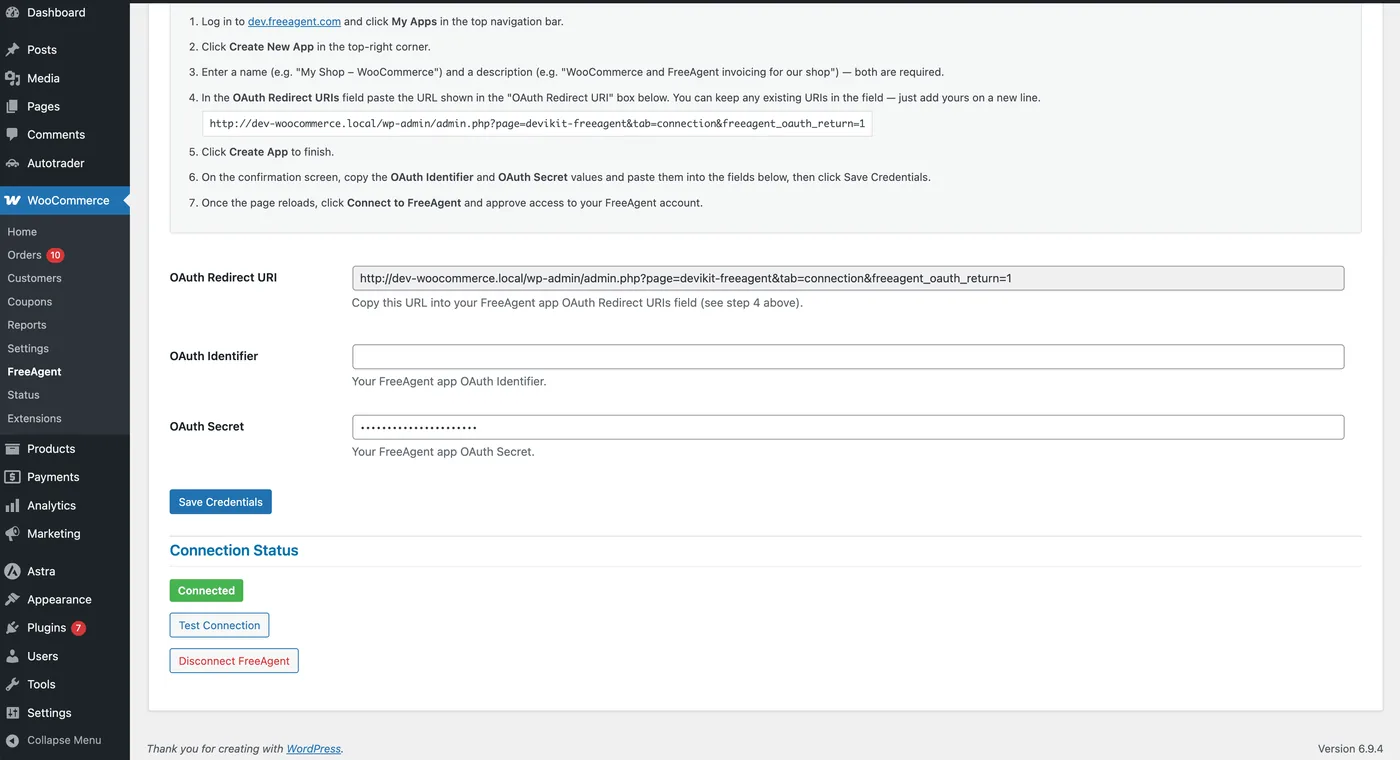 Connection status showing Connected, with Test Connection and Disconnect FreeAgent buttons