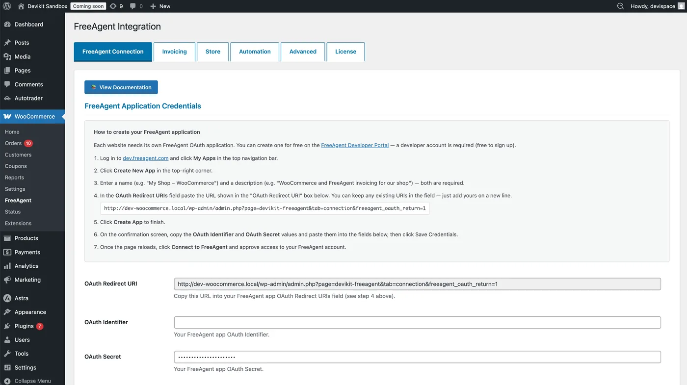 Connection tab: instructions for creating a FreeAgent app, the OAuth Redirect URI, and the OAuth Identifier and OAuth Secret fields