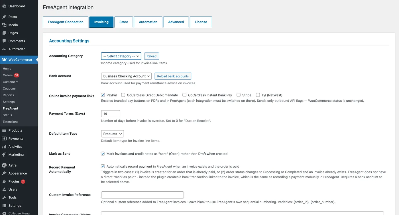 Invoicing tab, accounting settings: accounting category, bank account, online invoice payment links, payment terms, default item type, mark as sent and record payment automatically